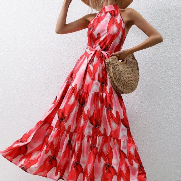 . Dresses & Skirts - Red Preppy Womens Allover Print Ruffle Hem Belted Halter Dress